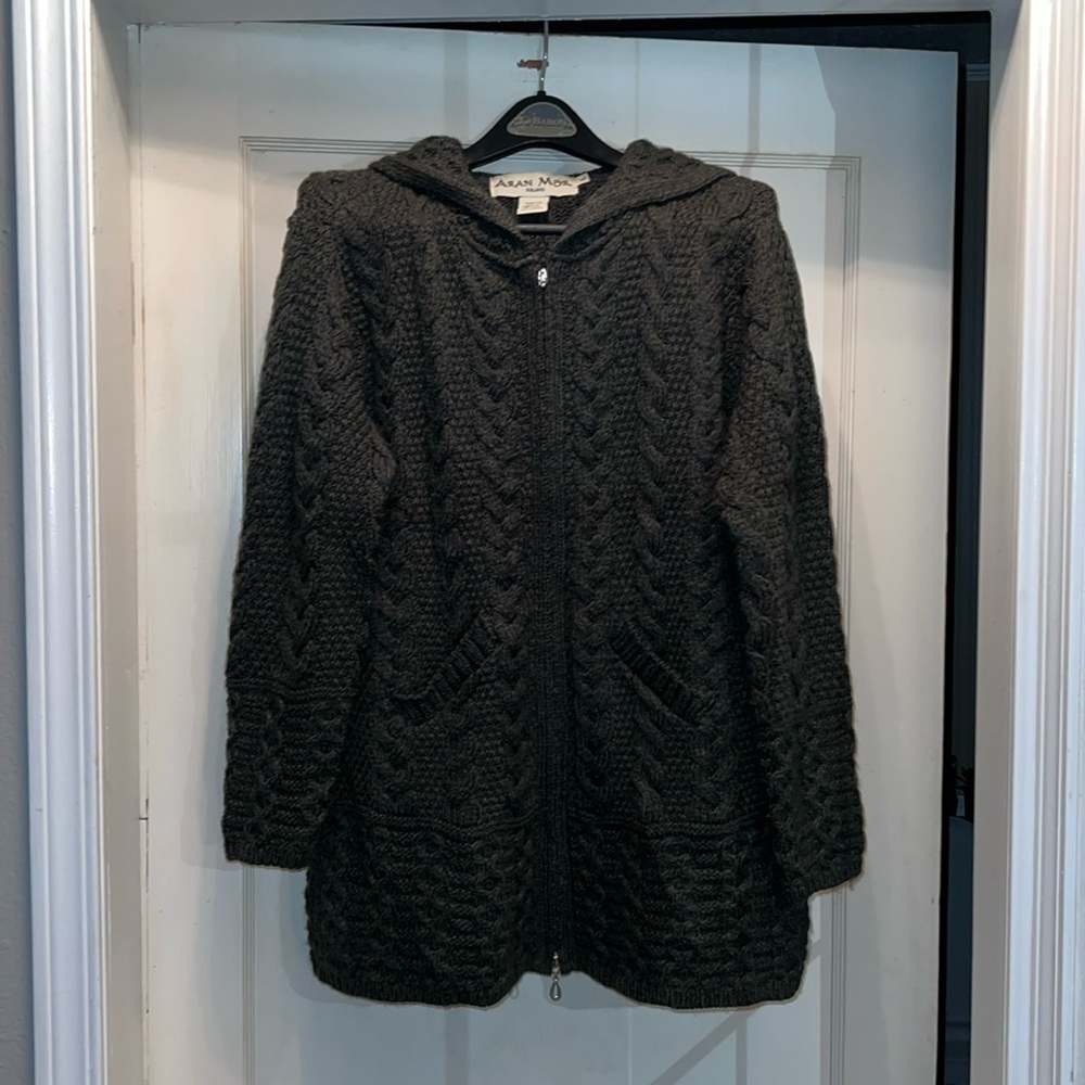Aran Mor Ireland merino wool zip up long hoodie cardigan sweater large
